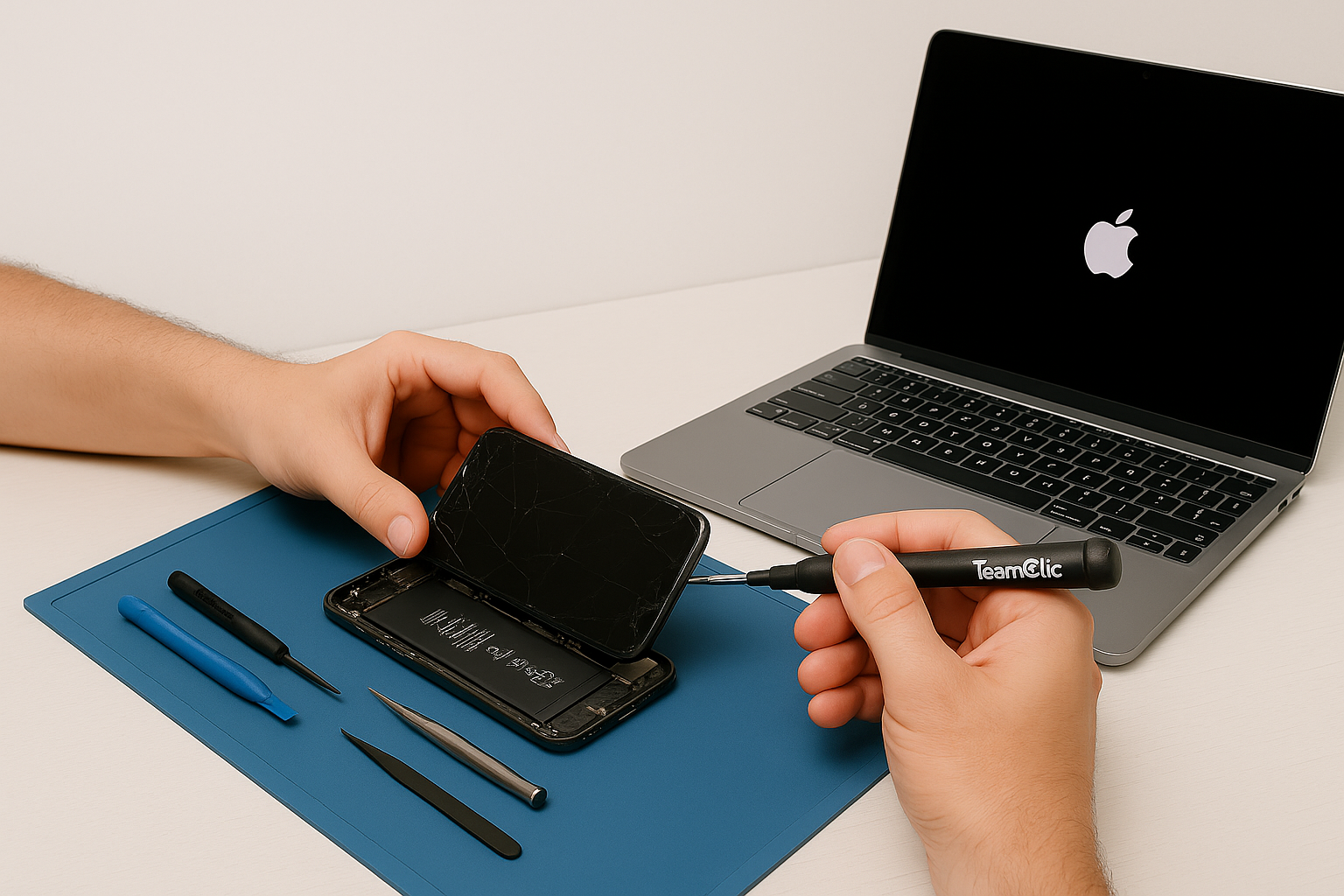 Technicien TeamClic réparant un écran d'iPhone dans un atelier professionnel